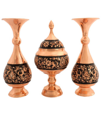 3-Piece Engraved Floral and Bird Design Copper Vase and Chocolate Dish Set Code 200 view 1