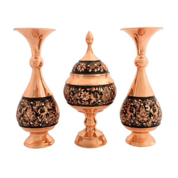 3-Piece Engraved Floral and Bird Design Copper Vase and Chocolate Dish Set Code 200 view 1