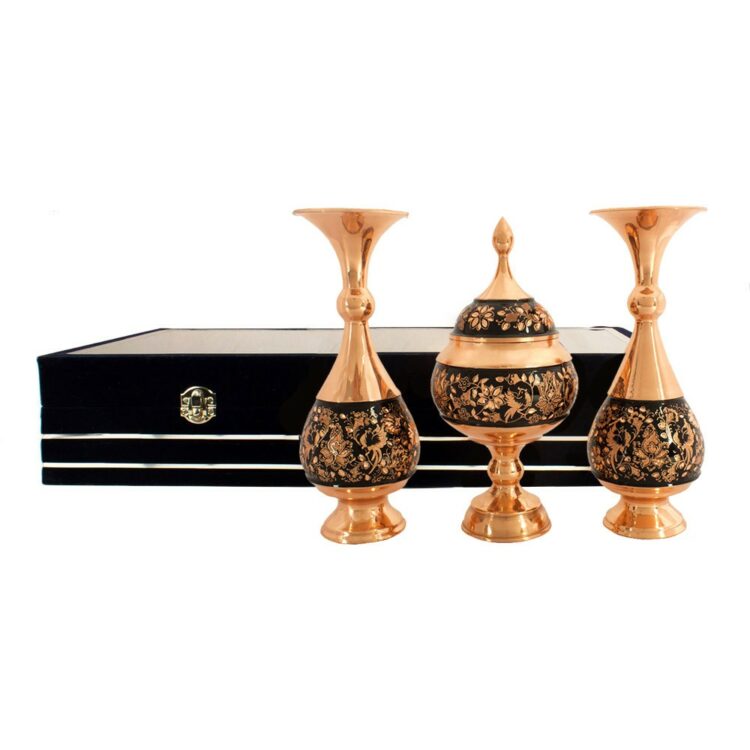 3-Piece Engraved Floral and Bird Design Copper Vase and Chocolate Dish Set Code 200 view 7