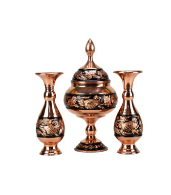 3-Piece Floral and Bird Design Diamond Cut Copper Vase and Chocolate Dish Set Code 1231 view 1