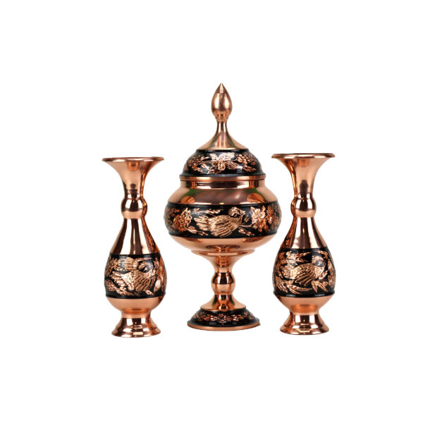 3-Piece Floral and Bird Design Diamond Cut Copper Vase and Chocolate Dish Set Code 1231 view 1