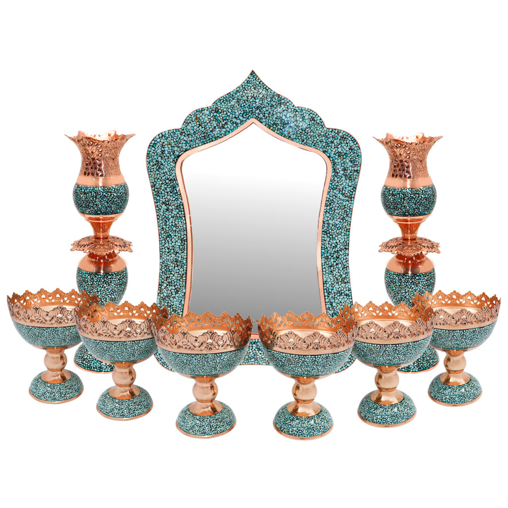 Nine-piece Turquoise Inlaying (FiroozehKoobi) Haftsin Set Model Lebghalam Design Laleh Code 463417 view 1