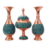 Shirazi Model Copper Turquoise Inlaying (FiroozehKoobi) Three-piece Vase and Candy Bowl Set Code k20