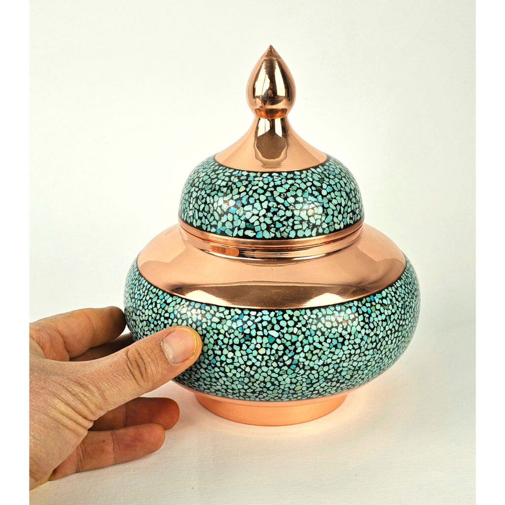 Copper Turquoise Inlaying (FiroozehKoobi) Sugar Bowl Model Shirazi Code M25 view 3