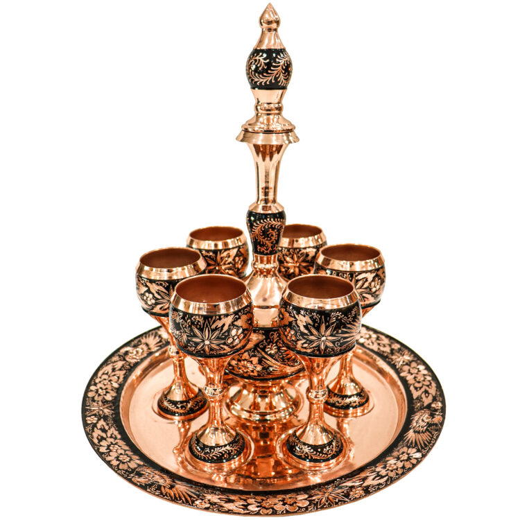 8-Piece Diamond Cut Copper Pitcher and Goblet Set, Shahpasand Design Code HQ373616half view 1