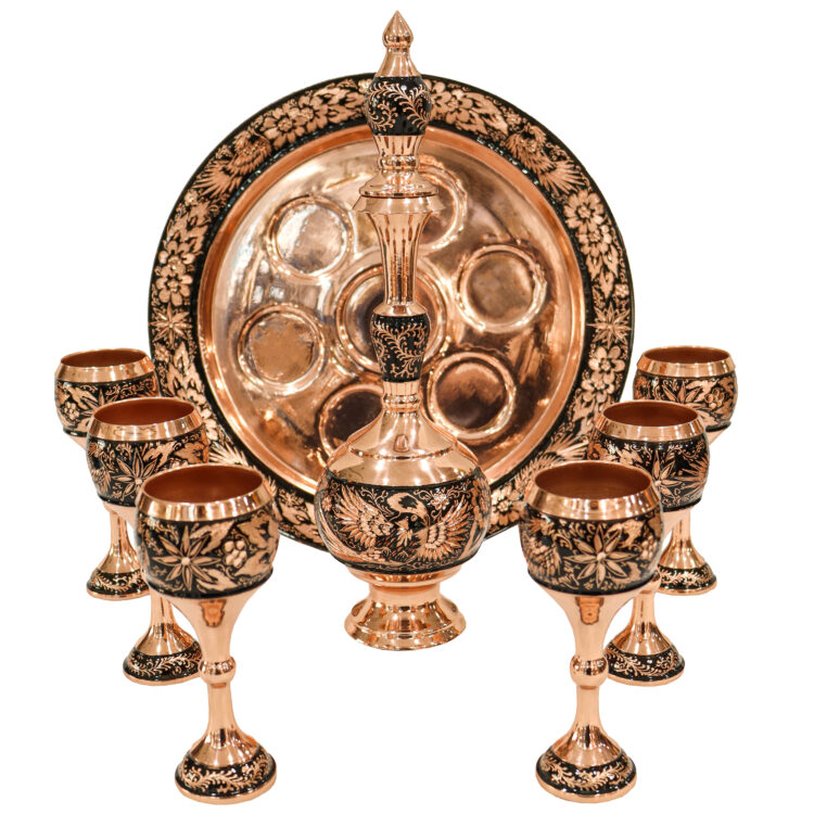 8-Piece Diamond Cut Copper Pitcher and Goblet Set, Shahpasand Design Code HQ373616half view 10