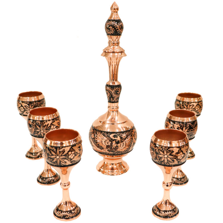 8-Piece Diamond Cut Copper Pitcher and Goblet Set, Shahpasand Design Code HQ373616half view 8