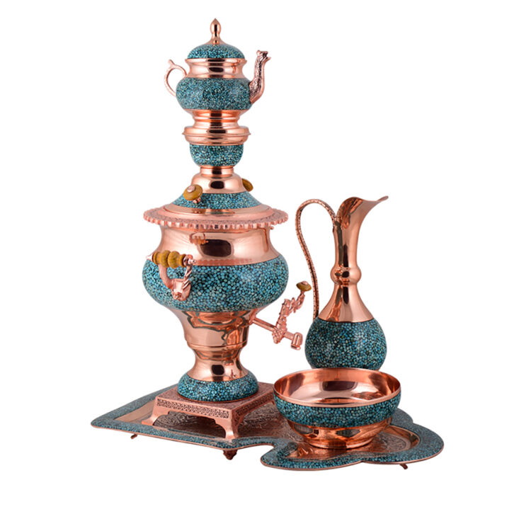 Aghajani Five-piece Turquoise Inlaying (FiroozehKoobi) Samavar Set Code F120 view 1