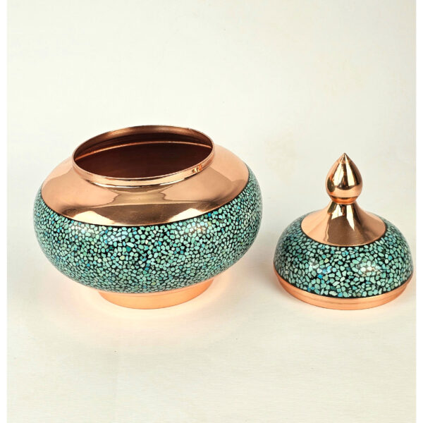 Copper Turquoise Inlaying (FiroozehKoobi) Sugar Bowl Model Shirazi Code M25 view 2