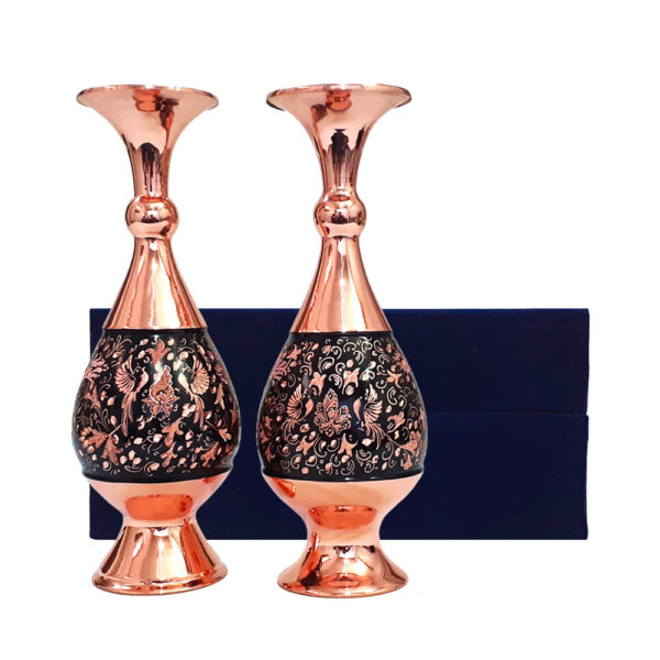 Copper Vase Model Diamond Engraving Flower and Bird Design Code 25-3 Set of 2 view 2