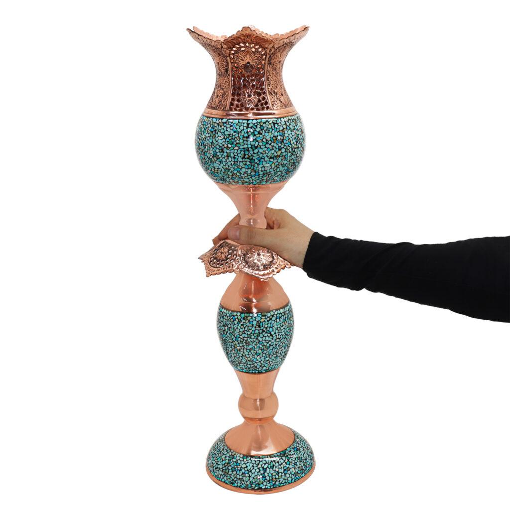 Three-piece Turquoise Inlaying (FiroozehKoobi) Mirror and Candlestick Set Model Laleh Code 555755 view 5
