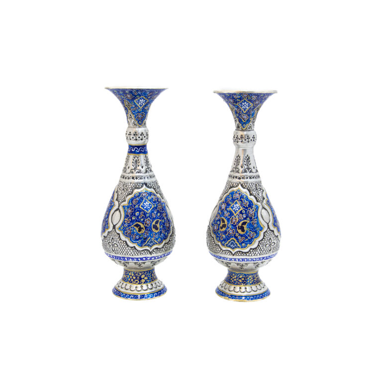 Engraved Copper Vase with Tazhib Painting Design Code 6958, Set of 2 view 1