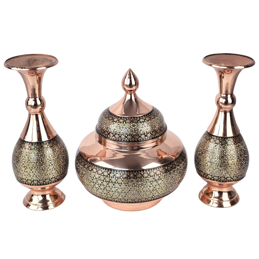 Set of 3 Inlaid Sugar Bowl and Vase Model Shirazi Code gh20 view 1