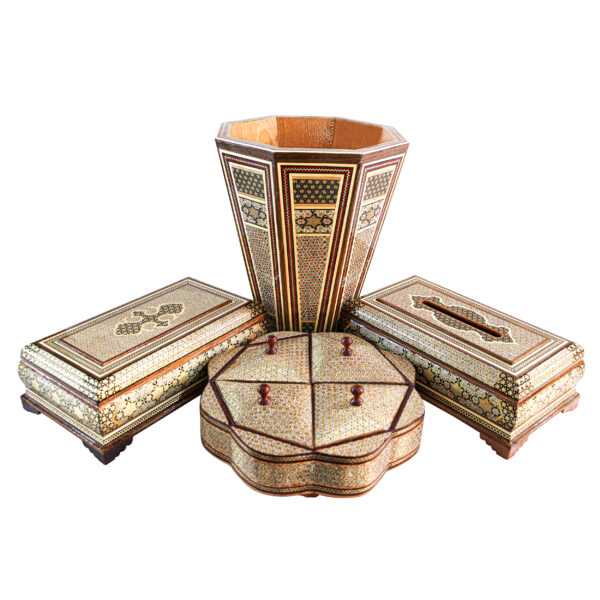 Four-Piece Khatamkari Trash Can, Tissue Box, Knife and Fork Box, and Chocolate Bowl Set Model Persian Supreme Code HQlight view 1