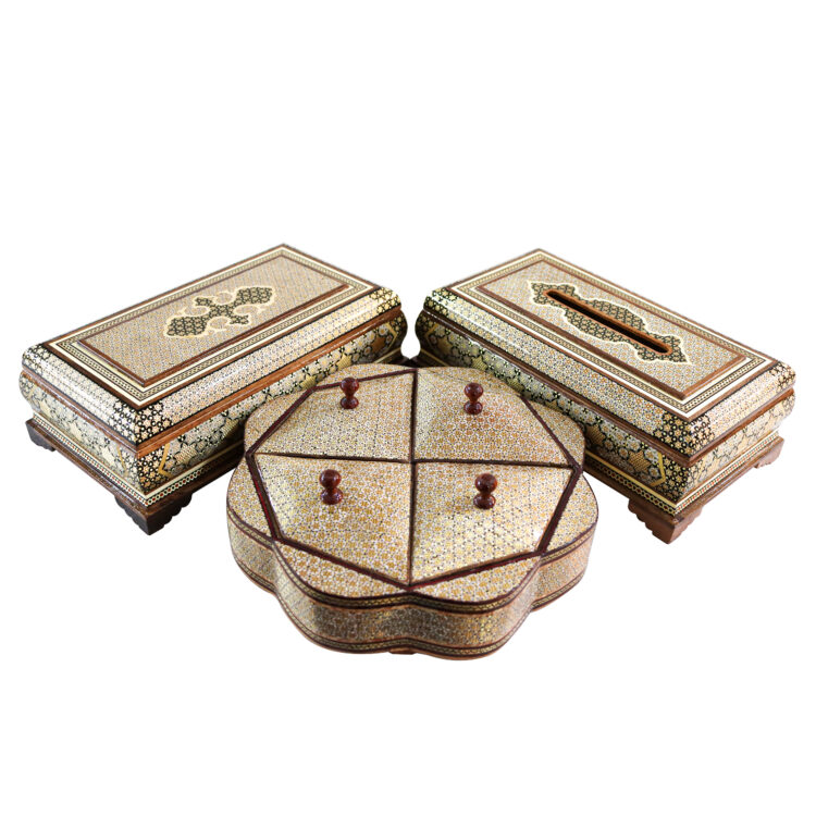 Four-Piece Khatamkari Trash Can, Tissue Box, Knife and Fork Box, and Chocolate Bowl Set Model Persian Supreme Code HQlight view 10