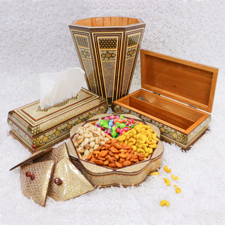 Four-Piece Khatamkari Trash Can, Tissue Box, Knife and Fork Box, and Chocolate Bowl Set Model Persian Supreme Code HQlight view 11