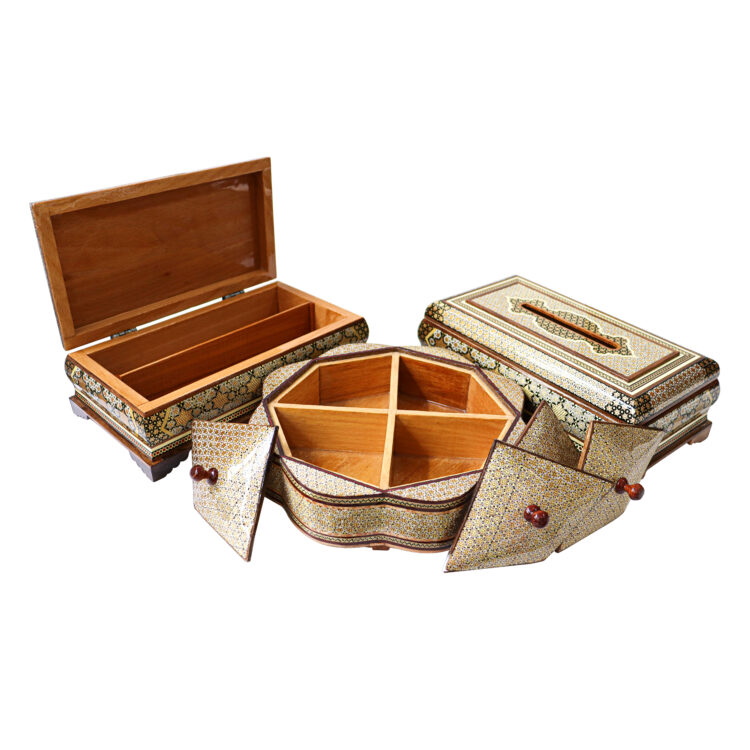 Four-Piece Khatamkari Trash Can, Tissue Box, Knife and Fork Box, and Chocolate Bowl Set Model Persian Supreme Code HQlight view 9