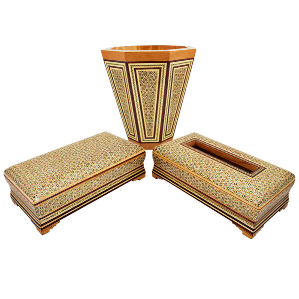 Khatamkari Tissue Box and Knife and Fork Box and Trash Can Set Code 02 view 1