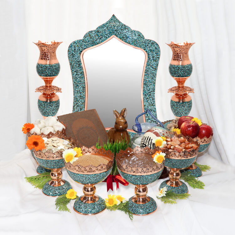 Nine-piece Turquoise Inlaying (FiroozehKoobi) Haftsin Set Model Lebghalam Design Laleh Code 463417 view 8