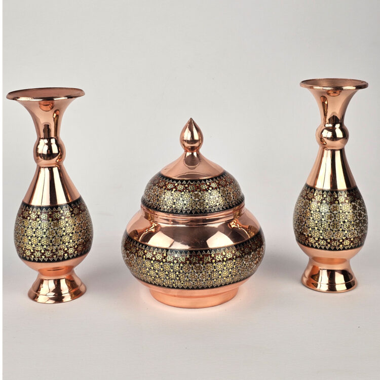 Set of 3 Inlaid Sugar Bowl and Vase Model Shirazi Code GH16 view 11