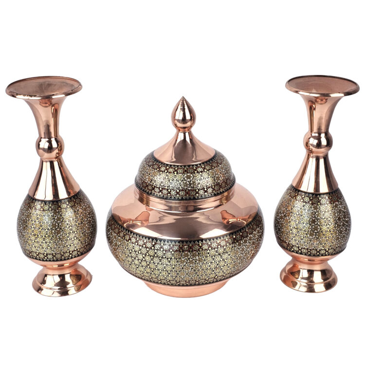 Set of 3 Inlaid Sugar Bowl and Vase Model Shirazi Code gh20 view 1