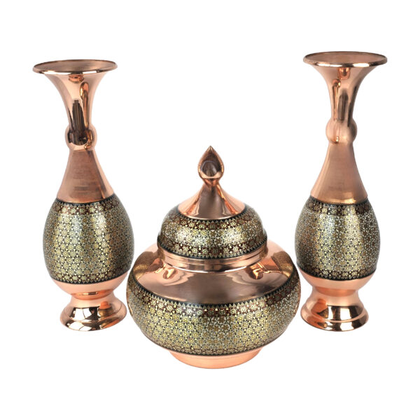 Set of 3 Inlaid Sugar Bowl and Vase Model Shirazi Code gh25 view 1