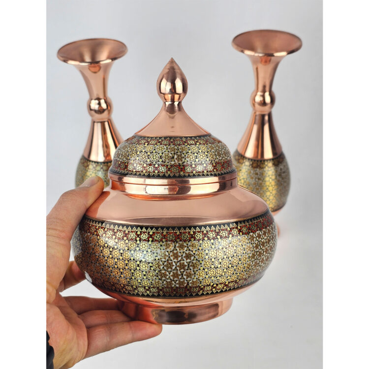 Set of 3 Inlaid Sugar Bowl and Vase Model Shirazi Code gh25 view 11