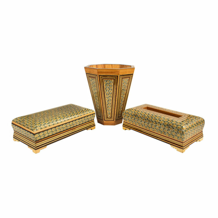 Set of Three Inlaid Tissue Box and Trash Can Code 25-1 view 1