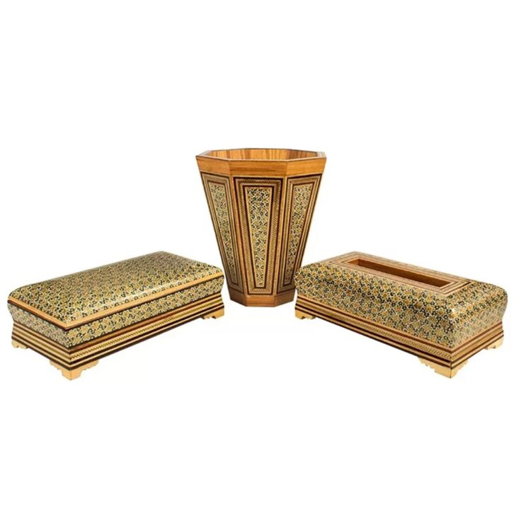 Set of Three Inlaid Trash Can and Tissue Box Code kh03 view 1