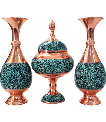 Shirazi Model Copper Turquoise Inlaying (FiroozehKoobi) Three-piece Vase and Candy Bowl Set Code k20 view 1