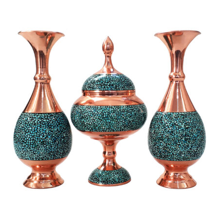 Shirazi Model Copper Turquoise Inlaying (FiroozehKoobi) Three-piece Vase and Candy Bowl Set Code k20 view 1