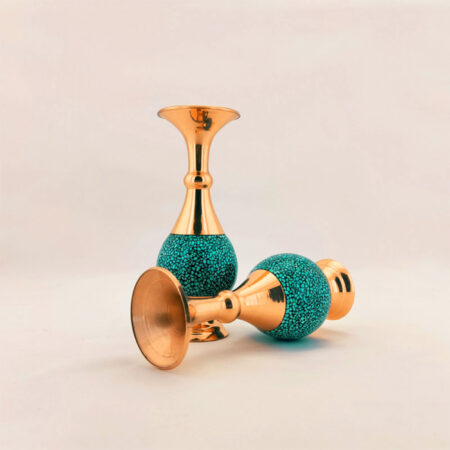 Shirazi Model Copper Turquoise Inlaying (FiroozehKoobi) Three-piece Vase and Candy Bowl Set Code k20 view 2