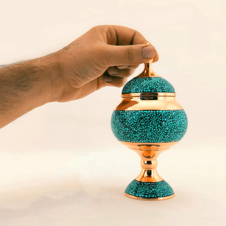 Shirazi Model Copper Turquoise Inlaying (FiroozehKoobi) Three-piece Vase and Candy Bowl Set Code k20 view 3