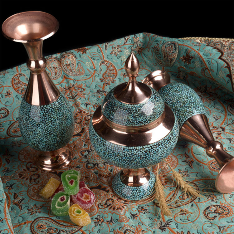 Shirazi Model Copper Turquoise Inlaying (FiroozehKoobi) Three-piece Vase and Candy Bowl Set Code k20 view 4