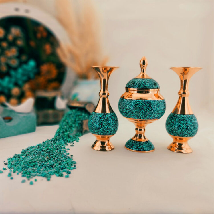 Shirazi Model Copper Turquoise Inlaying (FiroozehKoobi) Three-piece Vase and Candy Bowl Set Code k20 view 5