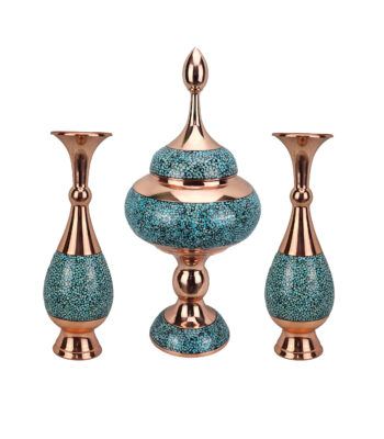 Three-piece Copper Turquoise Inlaying (FiroozehKoobi) Candy Bowl and Vase Set Model s40 view 1