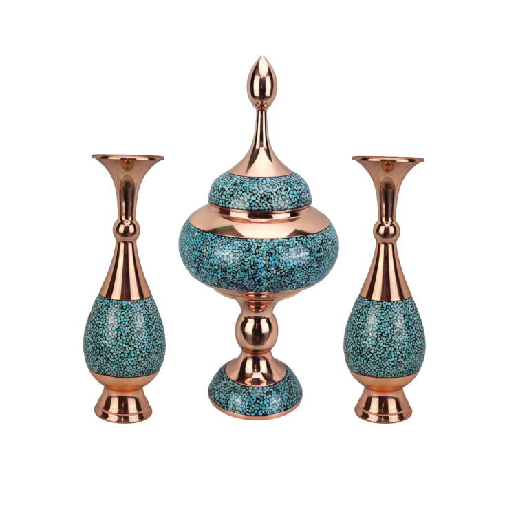 Three-piece Copper Turquoise Inlaying (FiroozehKoobi) Candy Bowl and Vase Set Model s40 view 1