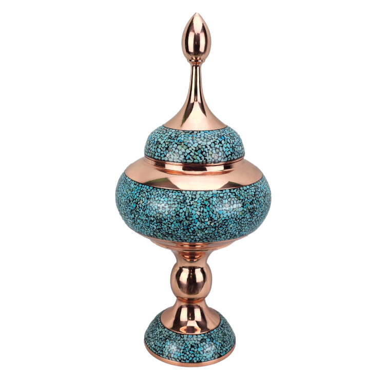 Three-piece Copper Turquoise Inlaying (FiroozehKoobi) Candy Bowl and Vase Set Model s40 view 2