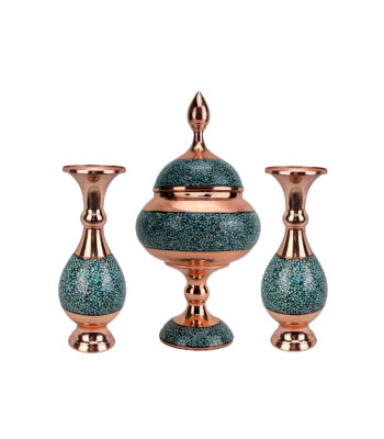 Three-piece Copper Turquoise Inlaying (FiroozehKoobi) Candy Bowl and Vase Set Model Shirazi Code 16 view 1