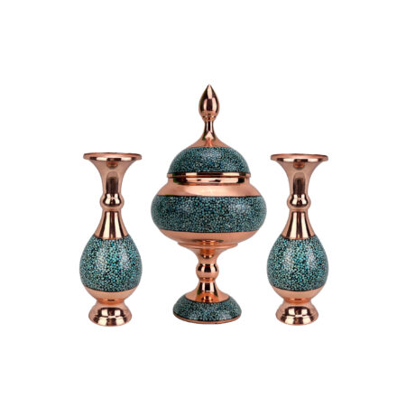 Three-piece Copper Turquoise Inlaying (FiroozehKoobi) Candy Bowl and Vase Set Model Shirazi Code 16 view 1