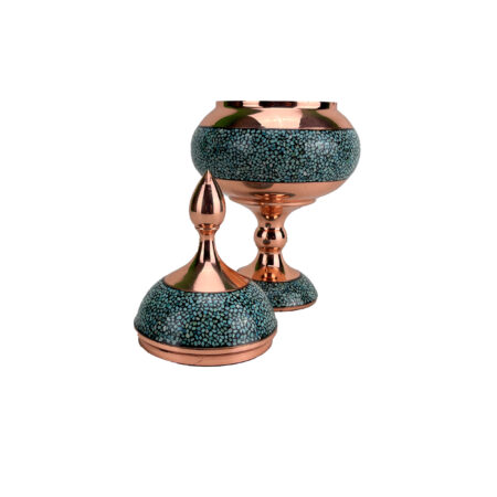 Three-piece Copper Turquoise Inlaying (FiroozehKoobi) Candy Bowl and Vase Set Model Shirazi Code 16 view 2