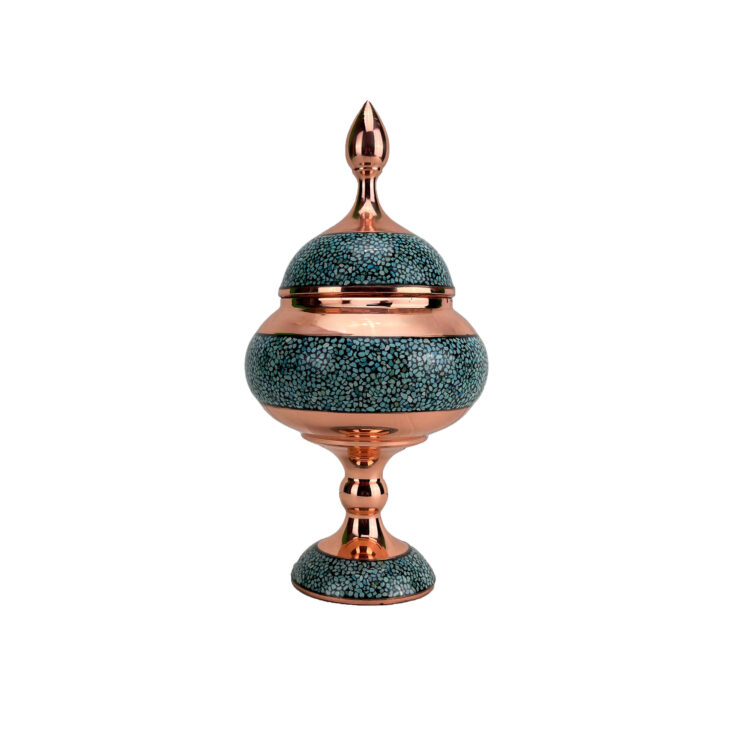 Three-piece Copper Turquoise Inlaying (FiroozehKoobi) Candy Bowl and Vase Set Model Shirazi Code 16 view 3