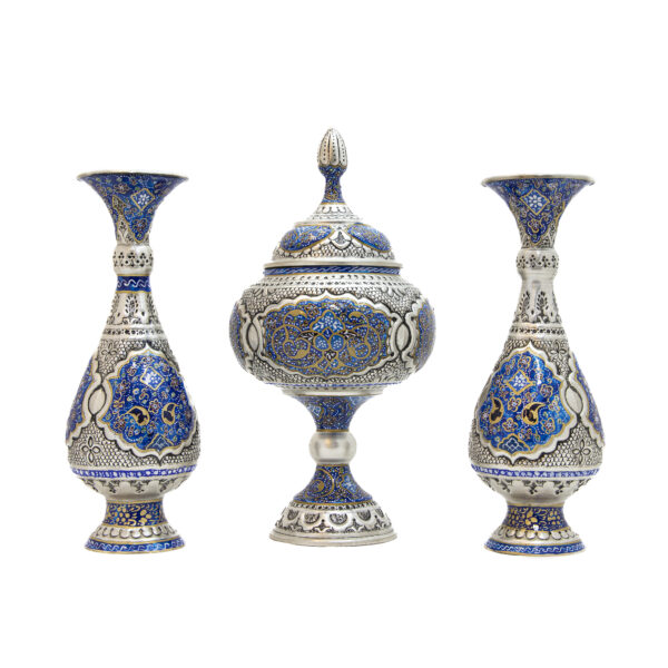 Three-Piece Engraved Chocolate Bowl and Vase Set with Tazhib Design Code 6919 view 1