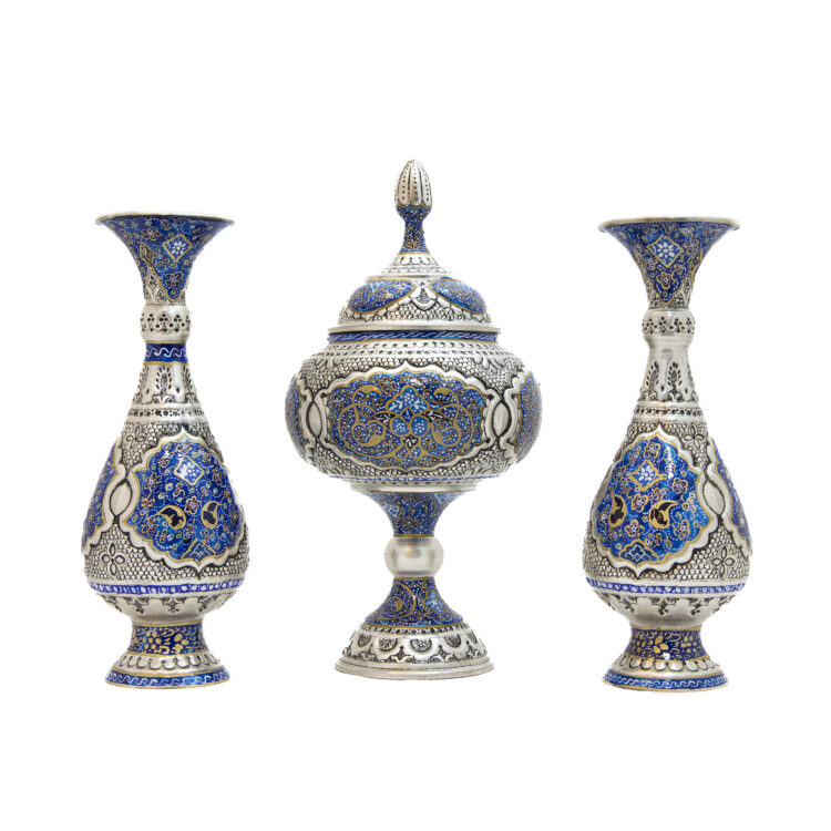 Three-Piece Engraved Chocolate Bowl and Vase Set with Tazhib Design Code 6919 view 1