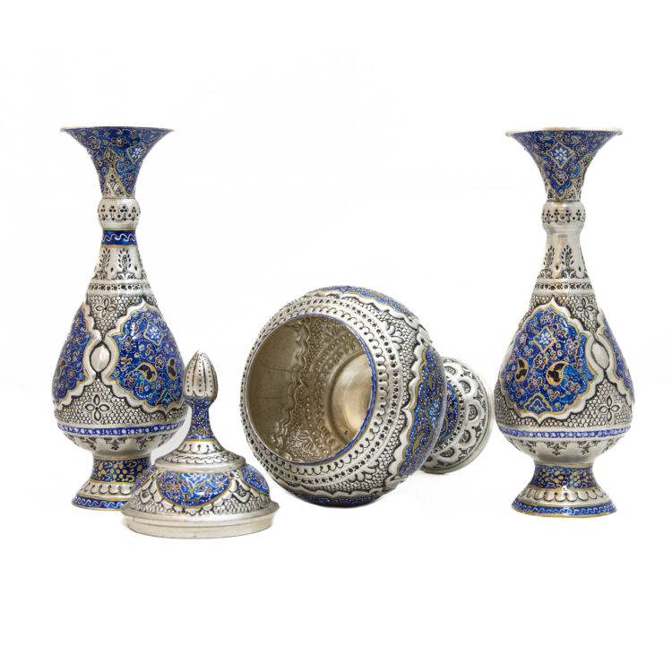 Three-Piece Engraved Chocolate Bowl and Vase Set with Tazhib Design Code 6919 view 3