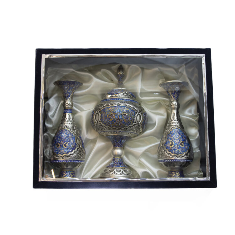 Three-Piece Engraved Chocolate Bowl and Vase Set with Tazhib Design Code 6919 view 5