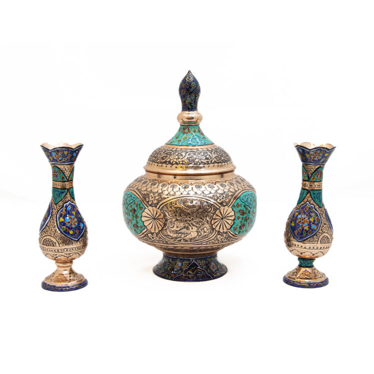 Three-Piece Engraved Chocolate Bowl and Vase Set with Tazhib Design Code 7035 view 1