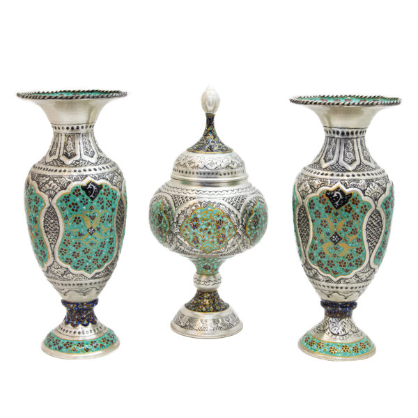 Three-Piece Engraved Copper Chocolate Bowl and Vase Set with Tazhib Painting Design Code 6926 view 1