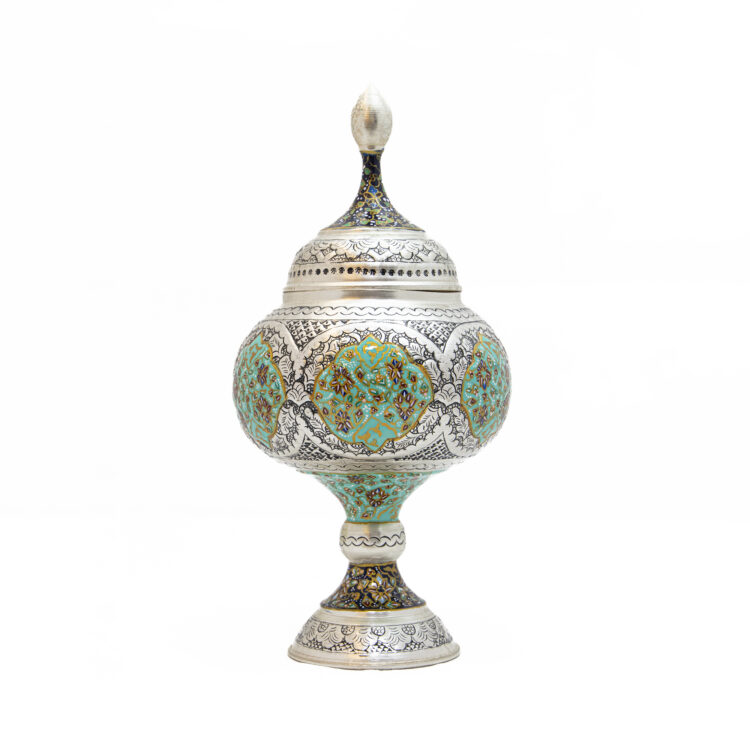 Three-Piece Engraved Copper Chocolate Bowl and Vase Set with Tazhib Painting Design Code 6926 view 2