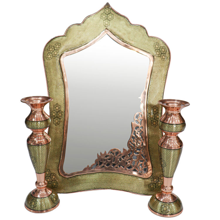 Three-Piece Khatamkari Mirror and Candle Holder Set Superior Model Slim Waist Design Code 306030 view 1